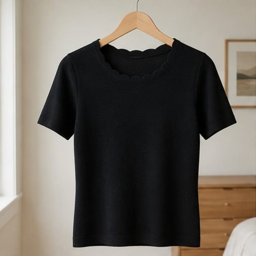 Black Scallop Neck Knit Top